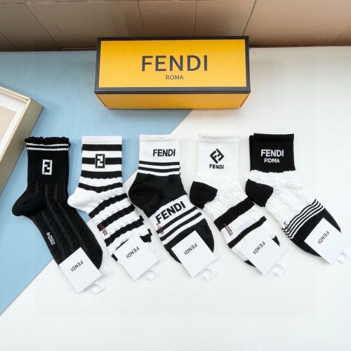Fendi Fashion Unisex Casual Cotton Socks Classic Double FF Logo Jacquard Socks 5 Pairs/Box