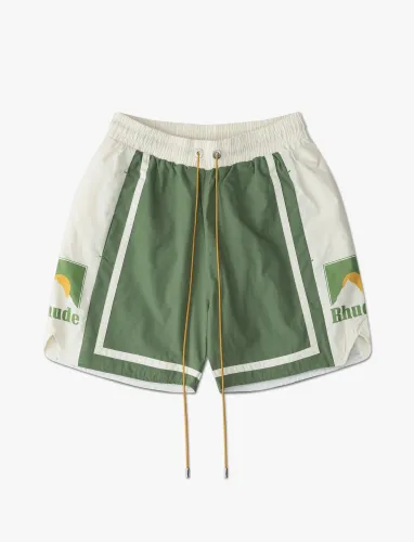 Rhude Sunset Snow Mountain Logo Print Drawstring Shorts Unisex Casual Street Sports Shorts
