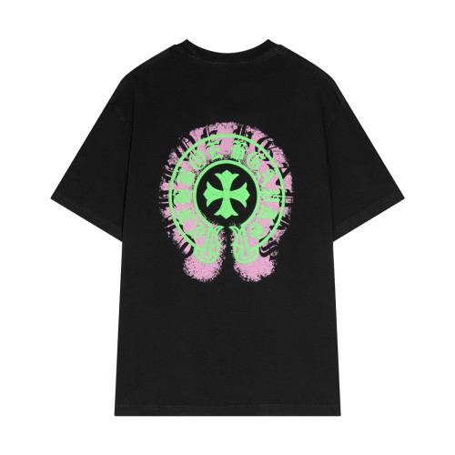 Chrome Hearts New Horseshoe Graffiti Cross Print Short Sleeve Couple Casual Washed T-shirt