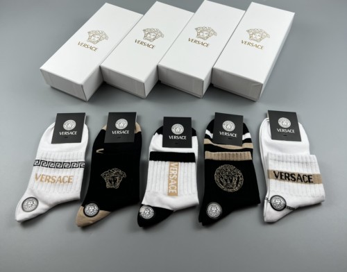 Versace Fashion Breathable Cotton Crew Socks Unisex Casual Sports Socks 5 Pairs/Box