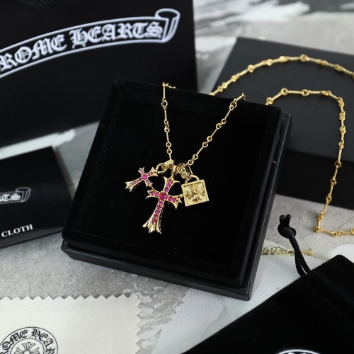 Chrome Hearts Fashion Pink Rhinestone Pendant Unisex Street Retro Necklace