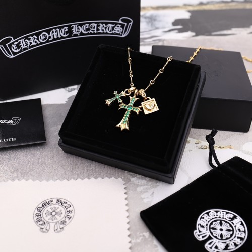 Chrome Hearts New Lock Cross Green Rhinestone Pendant Unisex Street Retro Necklace
