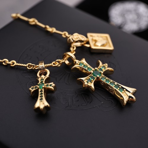 Chrome Hearts New Lock Cross Green Rhinestone Pendant Unisex Street Retro Necklace