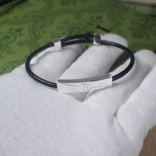 Gucci Fashion Retro Interlocking G Diagonal Leather Silver Bracelet