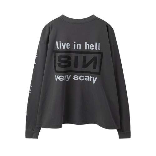 Saint Michael Fashion Washed Distressed Sin Printed Long Sleeve Unisex Casual Street Long Sleeve Tee