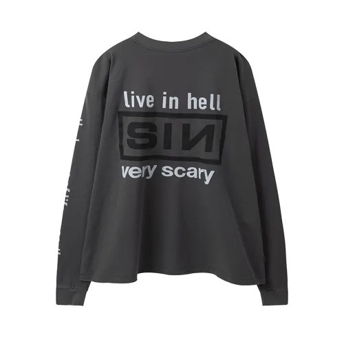 Saint Michael Fashion Washed Distressed Sin Printed Long Sleeve Unisex Casual Street Long Sleeve Tee