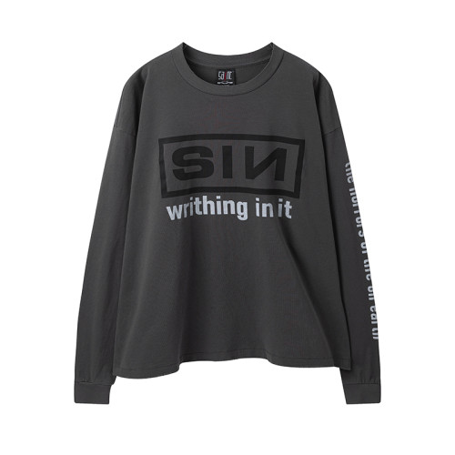 Saint Michael Fashion Washed Distressed Sin Printed Long Sleeve Unisex Casual Street Long Sleeve Tee