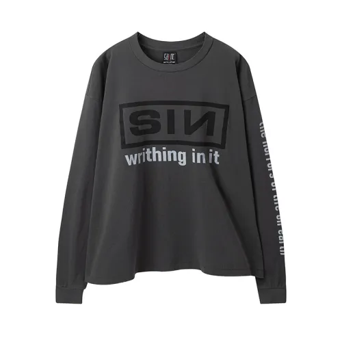 Saint Michael Fashion Washed Distressed Sin Printed Long Sleeve Unisex Casual Street Long Sleeve Tee