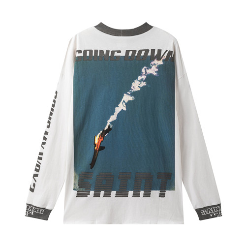 Saint Michael New Aircraft Retro Collar Letter Splicing Casual Long Sleeved T-shirt