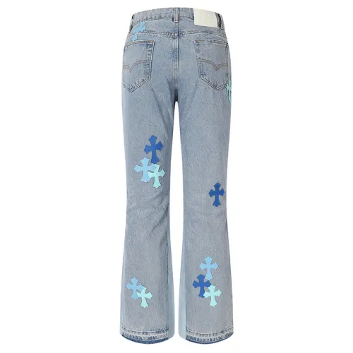 Gallery Dept New Fashion Blue Cross Embroidered Jeans Unisex Street Casual Denim Straight Pants