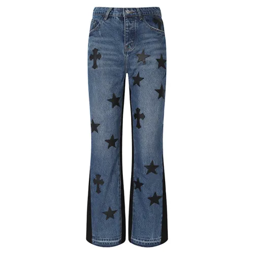 Gallery Dept New Fashion Star Cross Embroidered Jeans Unisex Street Casual Denim Straight Pants