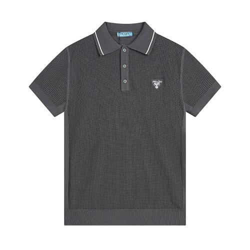 Prada Fashion Embroidered Mesh Hollow Knitted Collar Short Sleeve Unisex Casual Loose T-shirt