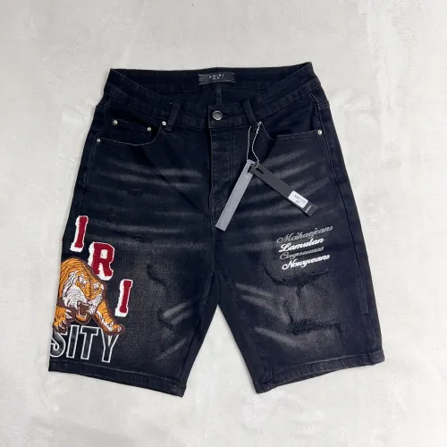 Amiri Fashion Tiger Printed Washed Ripped Denim Shorts Pants Unisex Casual Street Jeans