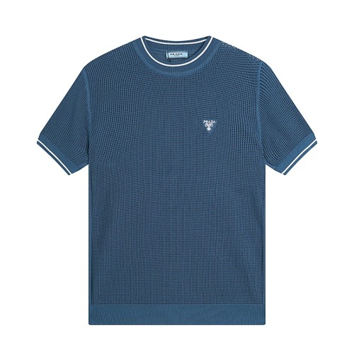 Prada Fashion Embroidered Mesh Hollow Knitted Short Sleeve Unisex Casual Loose T-shirt