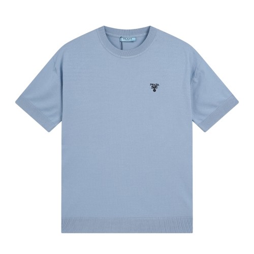 Prada Fashion Embroidered Knitted Short Sleeve Unisex Casual Loose T-shirt