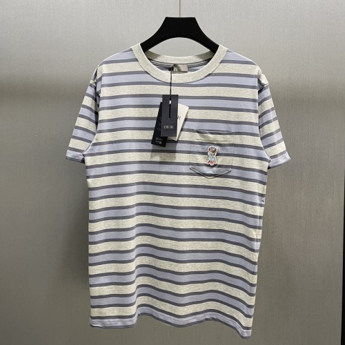 Dior Fashion Patchwork Embroidered Striped T-shirt Couple Loose Casual Short Sleeve