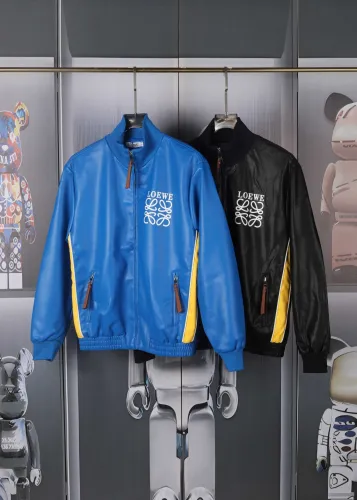Loewe High Street Fashion Contrast Collar Zipper Leather Jacket Coat