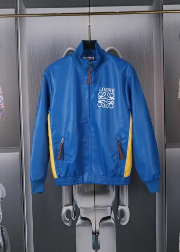 Loewe High Street Fashion Contrast Collar Zipper Leather Jacket Coat