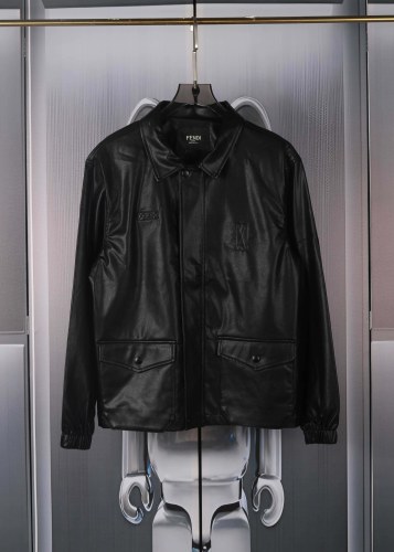 Fendi High Street Fashion Collar Zipper Pocket Leather Jacket Coat