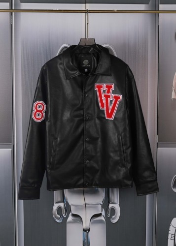 Versace Street Embroidered Flower Collar Zipper Leather Jacket Coat
