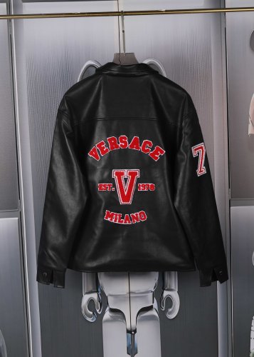 Versace Street Embroidered Flower Collar Zipper Leather Jacket Coat