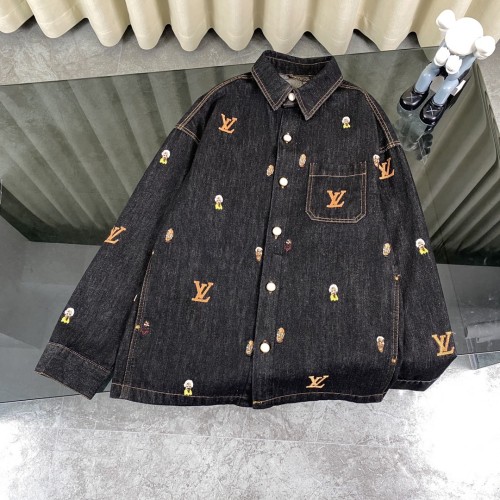 Louis Vuitton Fashion Full Embroidered Logo Portrait Washed Denim Shirt Coat