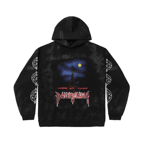 Balenciaga Eiffel Tower Printed Hooded Zipper Sweatshirt Unisex Casual Washed Sweatshirt