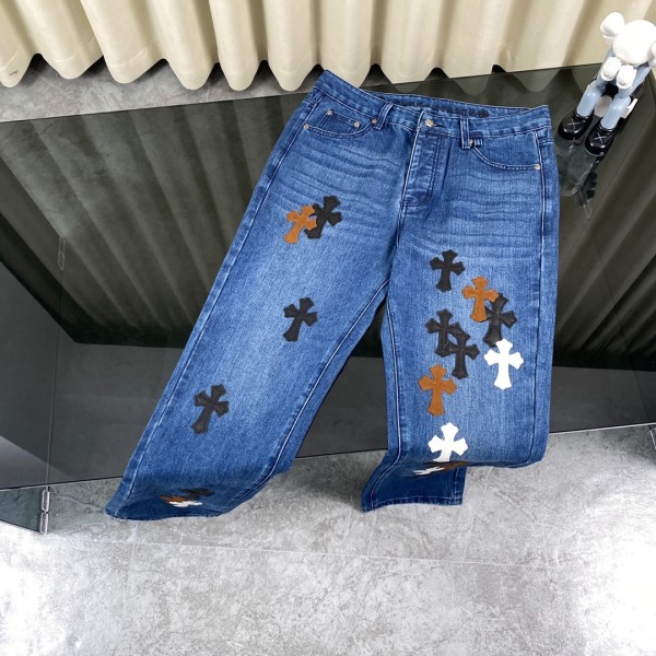 Chrome Hearts New Patchwork Cross Flower Washed Jeans Casual Pants