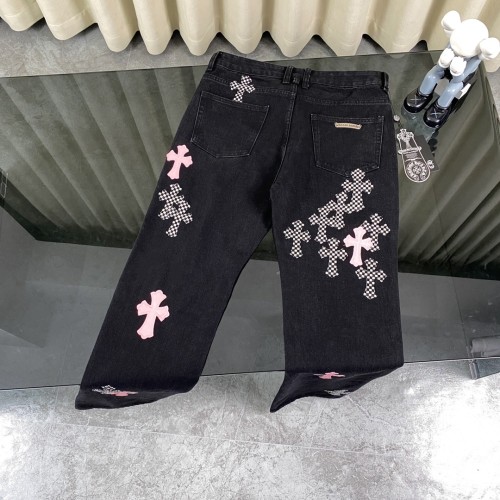 Chrome Hearts New Flame Grid Black Pink Jeans Casual Pants