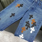 Chrome Hearts New Patchwork Cross Flower Washed Jeans Casual Pants