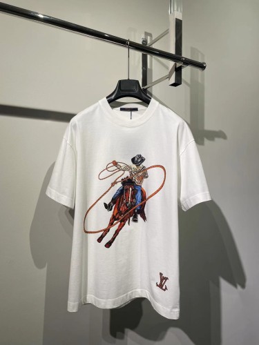Louis Vuitton Trendy Embroidered Denim Short Sleeve Unisex Casual Cotton T-shirt