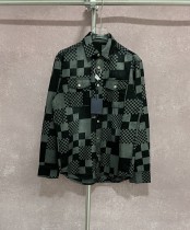 Louis Vuitton New Unisex Classic Checkered Splicing Denim Long Sleeve Shirt