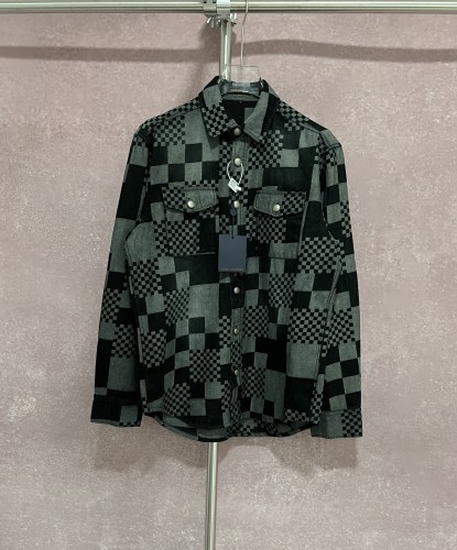 Louis Vuitton New Unisex Classic Checkered Splicing Denim Long Sleeve Shirt