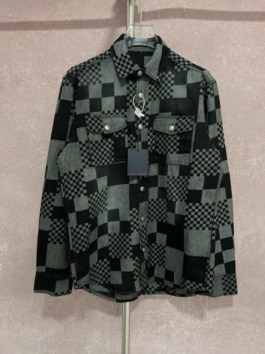 Louis Vuitton New Unisex Classic Checkered Splicing Denim Long Sleeve Shirt