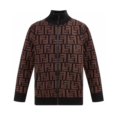 Fendi New Full Print Logo Jacquard Sweater Fashion Couple Long Sleeve Polo Coat