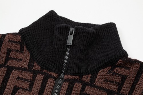 Fendi New Full Print Logo Jacquard Sweater Fashion Couple Long Sleeve Polo Coat
