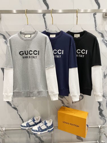 Gucci Fashion Embroidered Logo Fake Two Piece Splicing Hoodie Couple Casual Sweatshirt