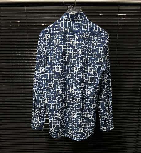 Fendi Couple's New Full Print Letter Printed Blue Long Sleeve Shirt