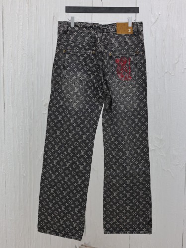 Louis Vuitton Full Print Jacquard Embroidered Little Red Straight leg Jeans Unisex Washed Punched Jeans