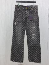 Louis Vuitton Full Print Jacquard Embroidered Little Red Straight leg Jeans Unisex Washed Punched Jeans