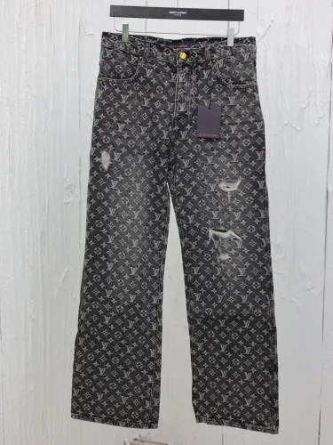Louis Vuitton Full Print Jacquard Embroidered Little Red Straight leg Jeans Unisex Washed Punched Jeans