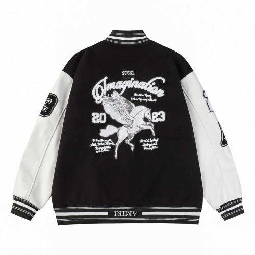 Amiri New Tianma Embroidered Spliced Leather Baseball Jacket