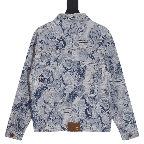 Louis Vuitton Street High Destruction Flower Rose Jacquard Jacket Fashion Washed Denim Jacket