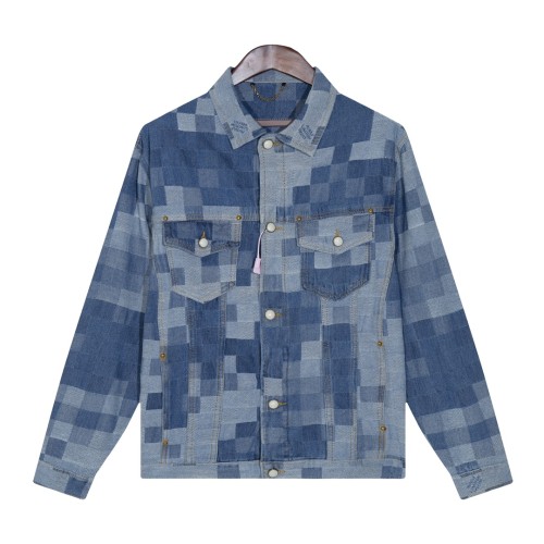 Louis Vuitton Fashion Mosaic Checkered Fuzzy Denim Jacket Coat