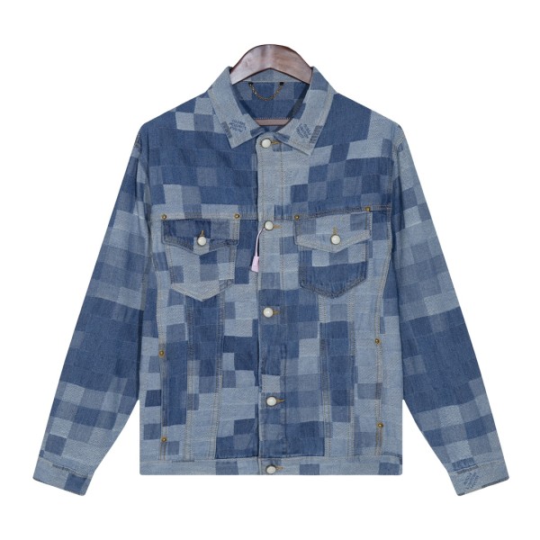Louis Vuitton Fashion Mosaic Checkered Fuzzy Denim Jacket Coat