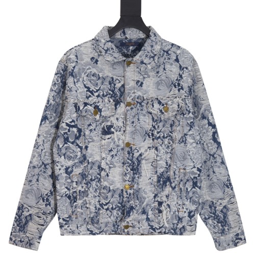 Louis Vuitton Street High Destruction Flower Rose Jacquard Jacket Fashion Washed Denim Jacket