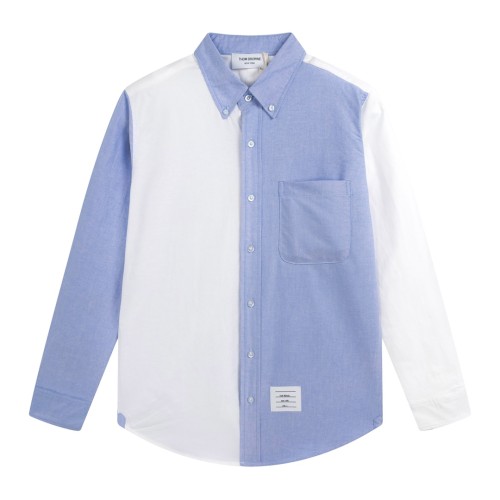 Thom Browne New Unisex White Blue Contrast Splicing Long Sleeve Shirt