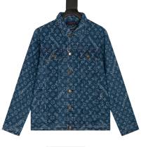 Louis Vuitton Fashion Full Print Jacquard Old Flower Coat Couple Heavy duty Washed Denim Jacket