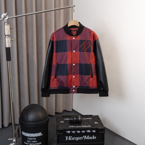 Louis Vuitton Classic Stinger Logo Ball Jacket Couple Splice Leather Checkered Coat
