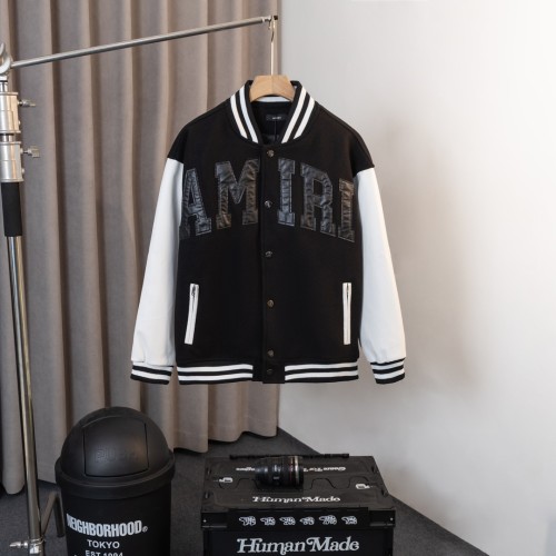 Amiri Classic Leather Logo Ball Jacket Couple Splice Leather Coat